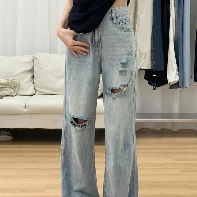 美式街头破洞直筒牛仔裤女夏季新款怀旧蓝高腰宽松显瘦复古乞丐裤