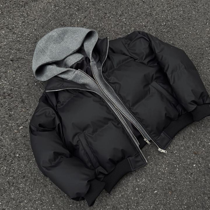 PU皮假两件连帽宽松棉衣男女保暖短款潮流冬季纯色加厚棉服秋冬季