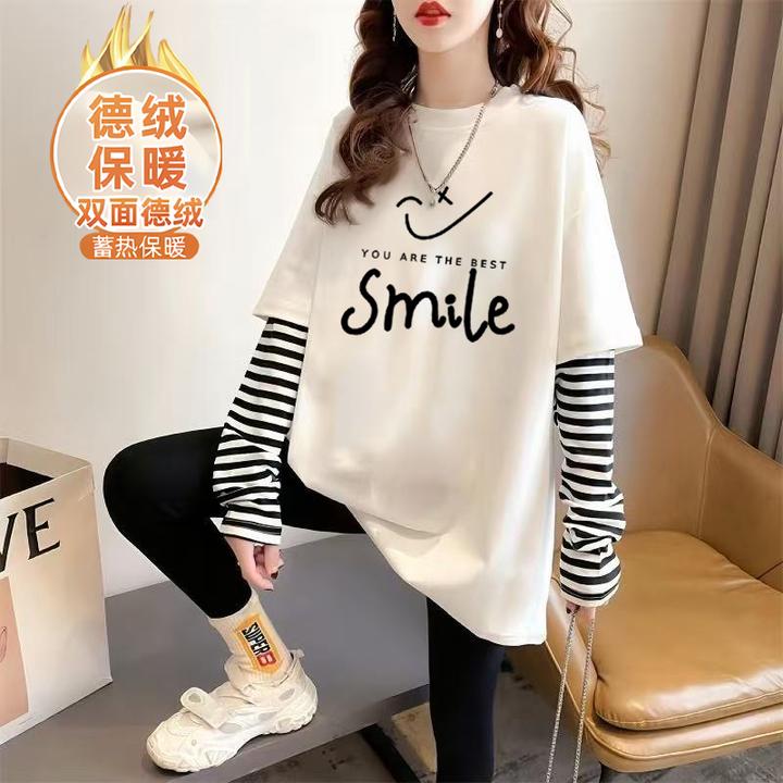 双面德绒打底衫女冬加厚内百搭白色宽松中长款圆领长袖上衣女t恤