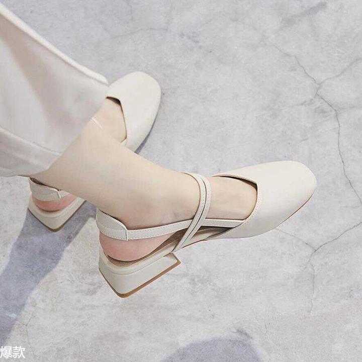 包头凉鞋女夏中跟新款韩版百搭学生仙女风复古粗跟一字带单鞋