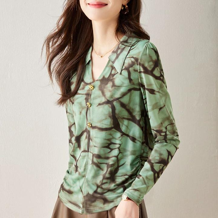 5523秋季新款扎染设计感上衣大码女装200斤长袖别致网纱T恤衬衫