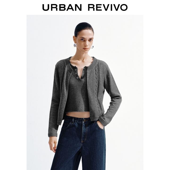 UR2025冬季新款女装简约休闲格雷系假两件针织衫UWU950034