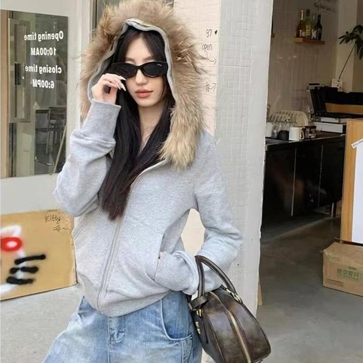 秋冬季美式毛领连帽开衫2025卫衣辣妹短款显瘦修身外套上衣小众款