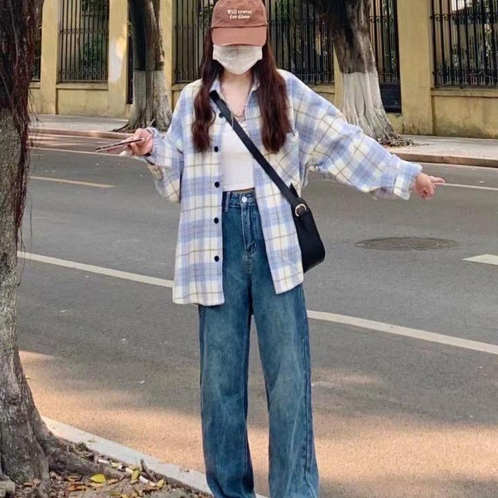 春秋新款蓝色格子衬衫外套女港风小众设计情侣衬衣ins潮学生上衣