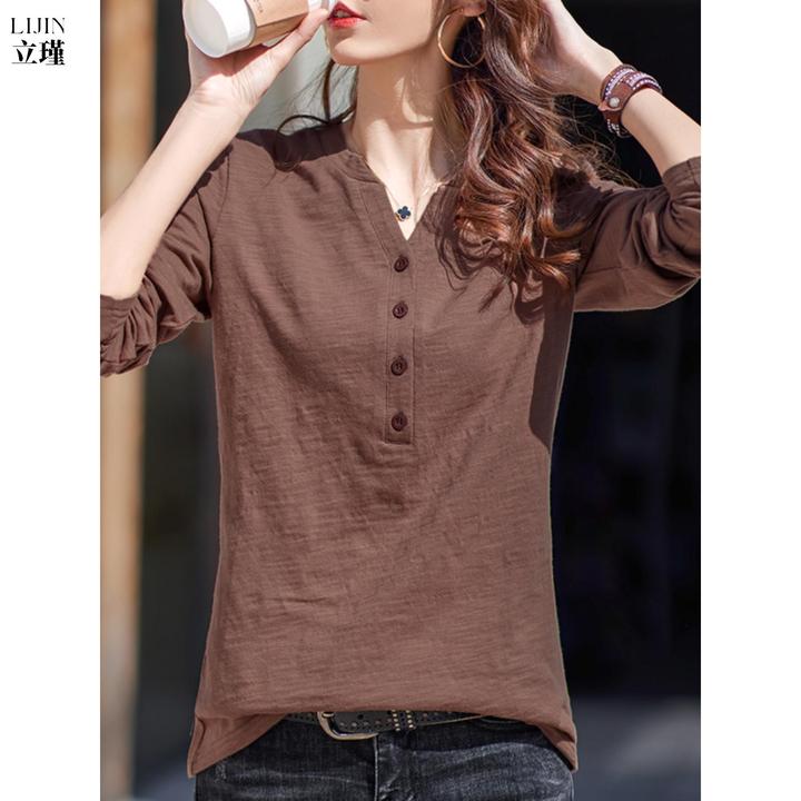 精致长袖t恤女式宽松秋装2025新款竹棉初秋纽扣v领上衣小衬衫新潮