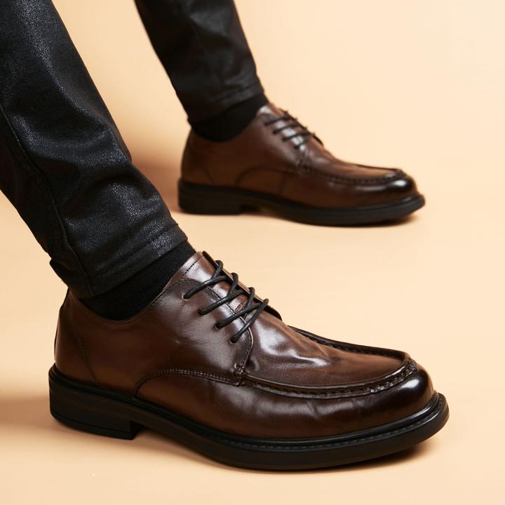 EAEOVNI皮鞋男透气韩版正装英伦系带圆头鞋男青年皮鞋商务休闲鞋