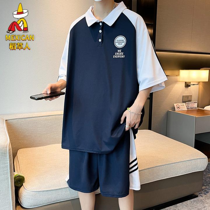稻草人夏季休闲套装T恤宽松短袖POLO薄款运动学院风男装百搭潮流