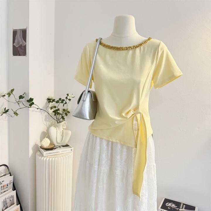 绑带开叉设计感镶钻圆领短袖T恤女2025夏季短款修身显瘦小众上衣