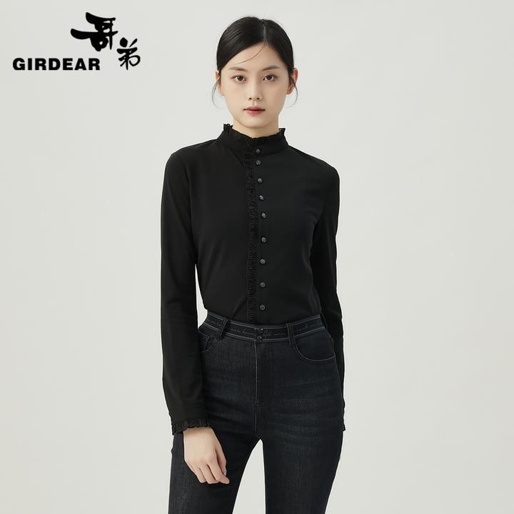 哥弟2025秋季新款法式花边超弹立领衬衫衬衣长袖黑色外穿1300936