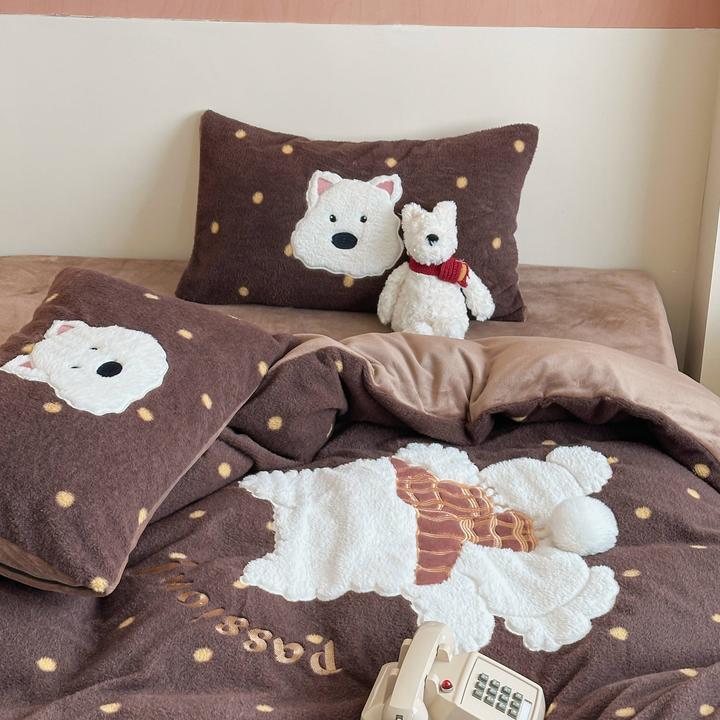 【一眼心动】立体尾巴小狗贴布绣加厚牛奶绒四件套 可爱与质感并存