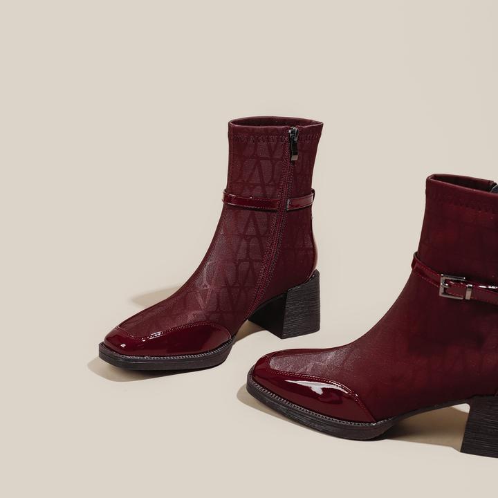 鞋子女ins潮百搭骑士靴秋冬季爆款方头高跟靴粗跟侧拉链轻便短靴