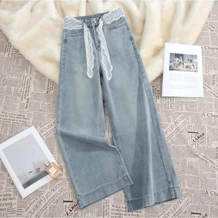 韩版高腰蕾丝系带阔腿直筒牛仔裤女2025春季新款宽松百搭拖地长裤