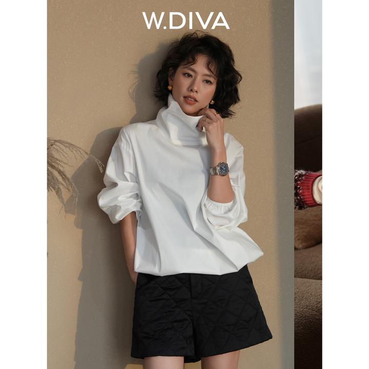 W.Diva【净素】高领蝙蝠袖廓形衬衫松弛感纯欲慵懒风上衣53S263004