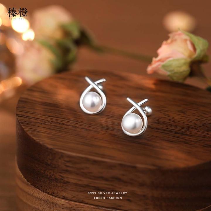 足银耳饰 S999足银线条水滴珍珠耳钉女纯银经典交叉时尚耳饰E552