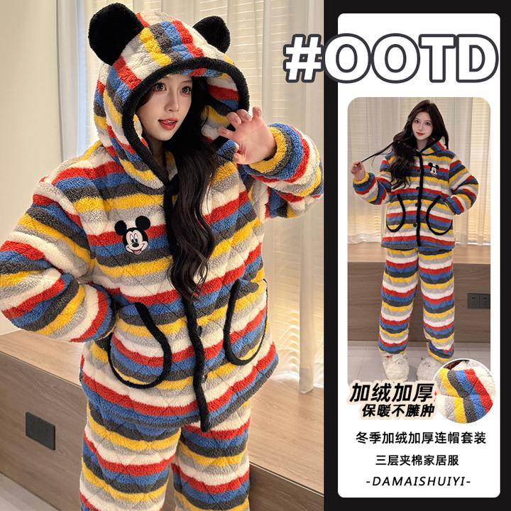 2025新款三层夹棉女士长毛绒彩色条纹米奇加厚加绒保暖家居服套装