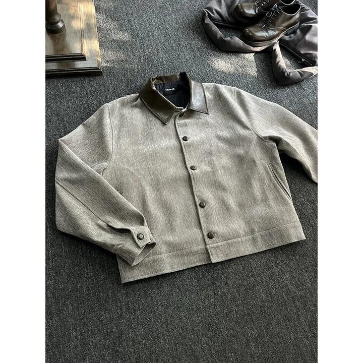 卡其棕哈灵顿夹克男秋季美式复古雪尼尔纽扣cleanfit短款翻领外套