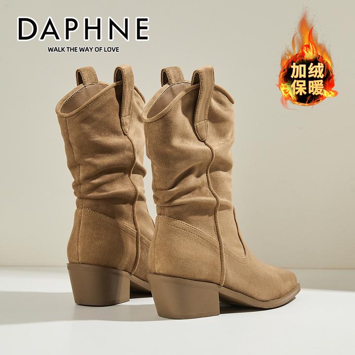 达芙妮磨砂绒面V口西部牛仔靴女复古风中筒靴高跟短靴显瘦堆堆靴