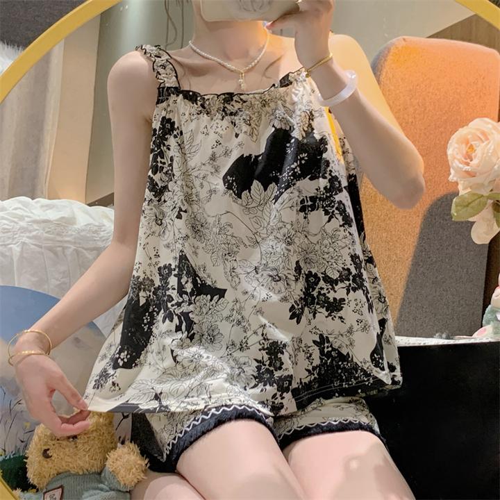 流苏花边吊带睡衣夏季女款纯棉性感纯欲风薄款短裤女士家居服套装