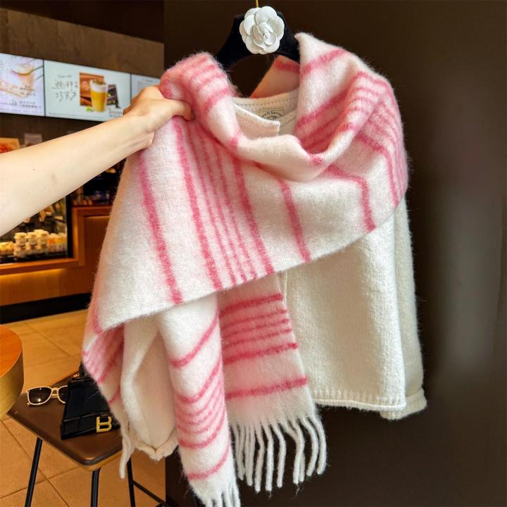 Miss Silas氛围感新年粉色条纹围巾女冬羊毛加厚保暖围脖情侣披肩