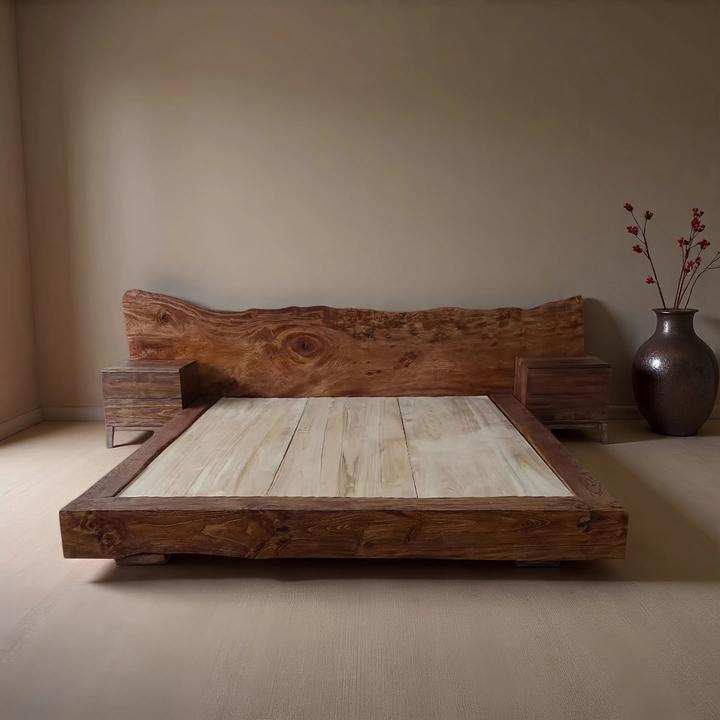 侘寂风实木床原木双人床主次卧室榻榻米民宿酒店装饰风化木落地床