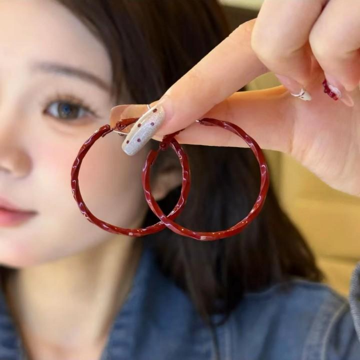 铜合金珐琅耳饰 复古安可拉红色滴釉扭曲耳圈耳环女爆款耳钉