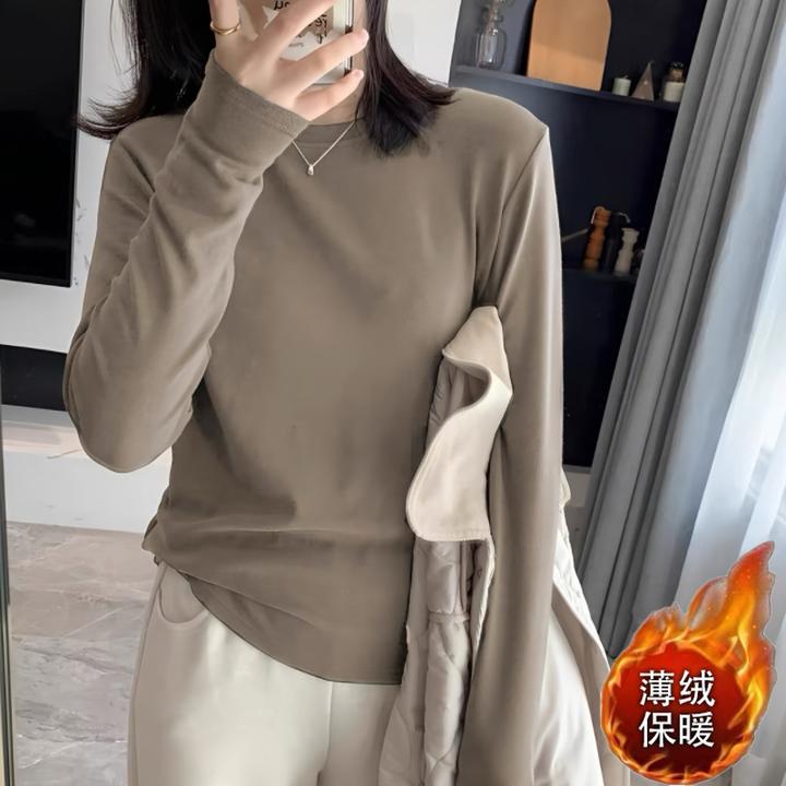 圆领长袖打底衫女新款秋冬季薄绒保暖修身正肩内搭外穿t恤上衣女