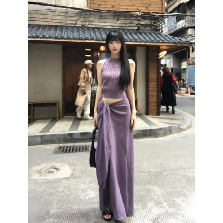 2025春夏新款紫罗兰百搭时尚挂脖针织上衣高腰半身裙气质套装