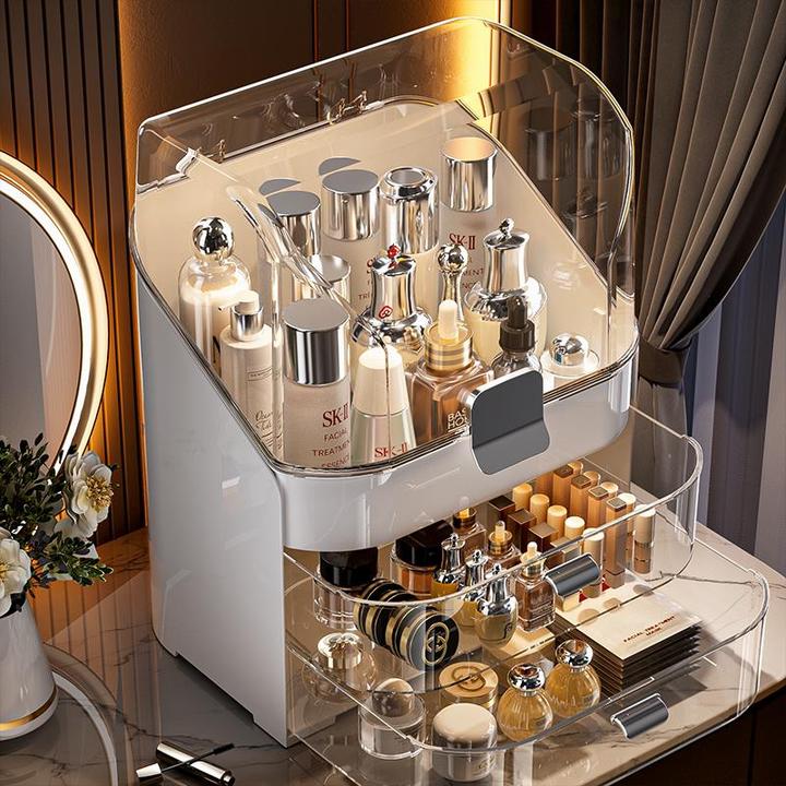 轻奢风化妆品收纳盒桌面整理梳妆台防尘收纳置物架大容量化妆箱子