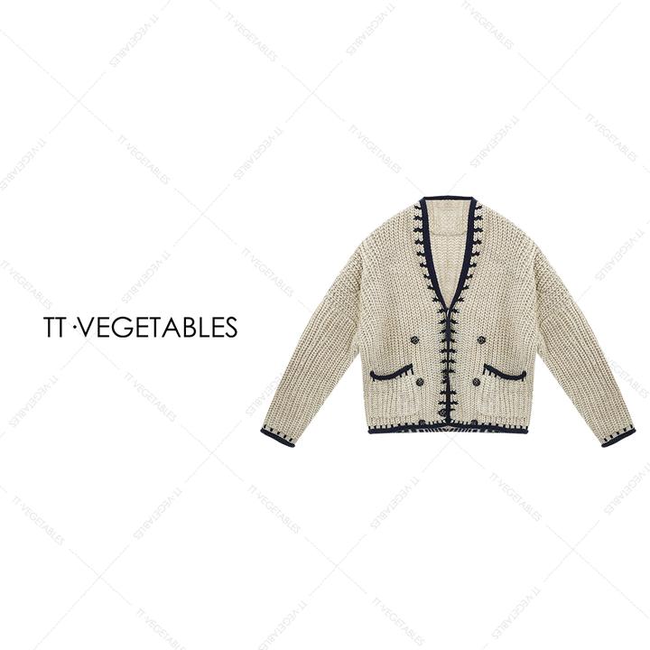 噢芬/小个子 【星烬】羊毛双排扣撞色翻领中长厚款针织毛大衣522224