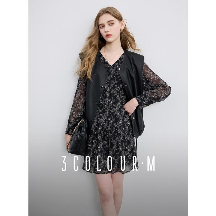 三彩2025春季新款法式碎花裙宽松显瘦A字雪纺连衣裙温柔M