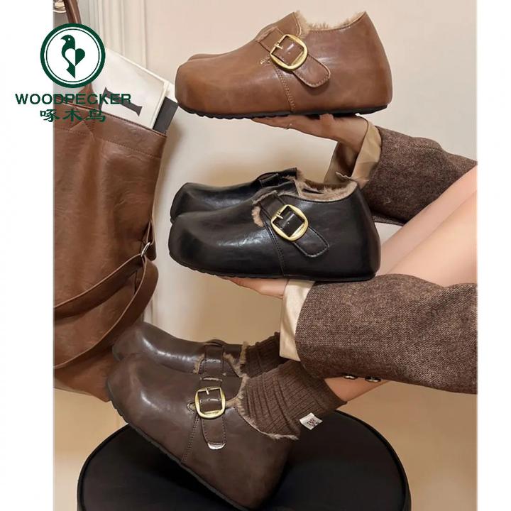 啄木鸟2025冬季新款5cm内增高厚底皮面博肯加绒鞋子女爆款勃肯鞋