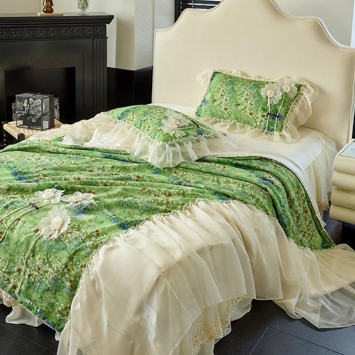 天丝夏被四件套打裥工艺裙摆拼接空调夏凉被薄款裸睡可机洗床品