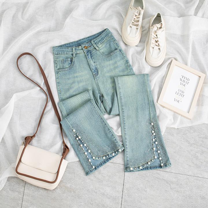 春季新款钉珠烫钻微喇牛仔裤女2025高腰弹力显瘦开叉裤子9708