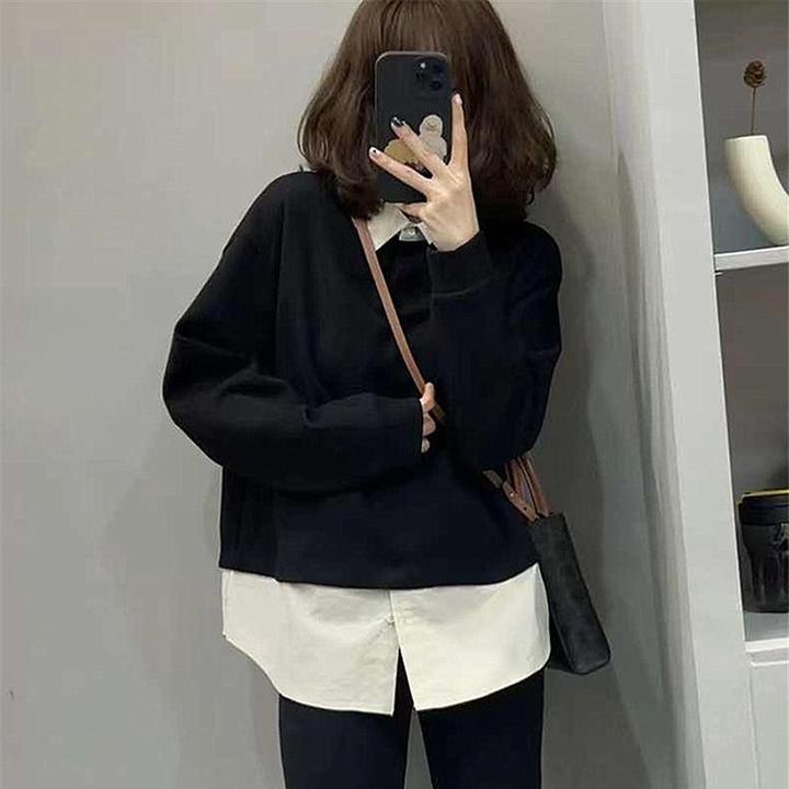 胖mm特大码300斤洋气假两件拼接衬衫女春秋宽松遮肉减龄百搭上衣