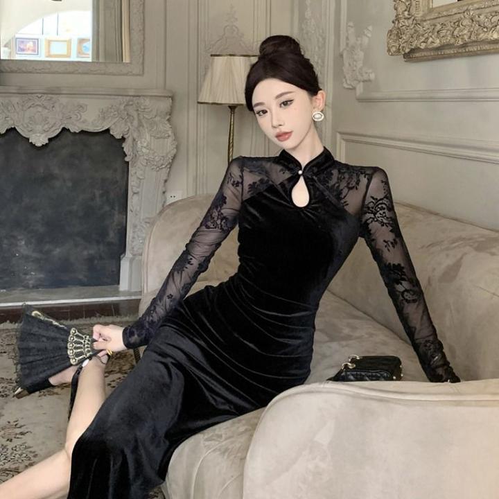 胖mm300斤新中式国风改良旗袍连衣裙女早秋黑色网纱礼服包臀长裙