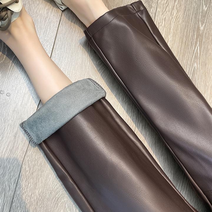 皮裤女春秋款哈伦裤2025新款米白色高腰宽松九分显瘦pu萝卜烟管裤
