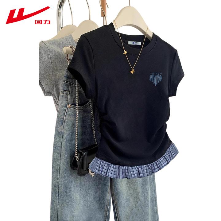 回力百搭辣妹多巴胺夏季夏装圆领棉修身短款短袖T恤女设计感
