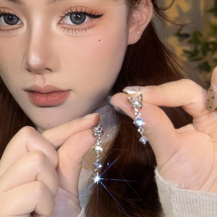 合金耳饰 超仙长短不一设计感蝴蝶猫猫石流苏耳环百搭时尚饰品