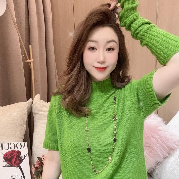 DC【大地春回】高级气质法式圆领时尚套头百搭上衣短袖毛衣加套袖