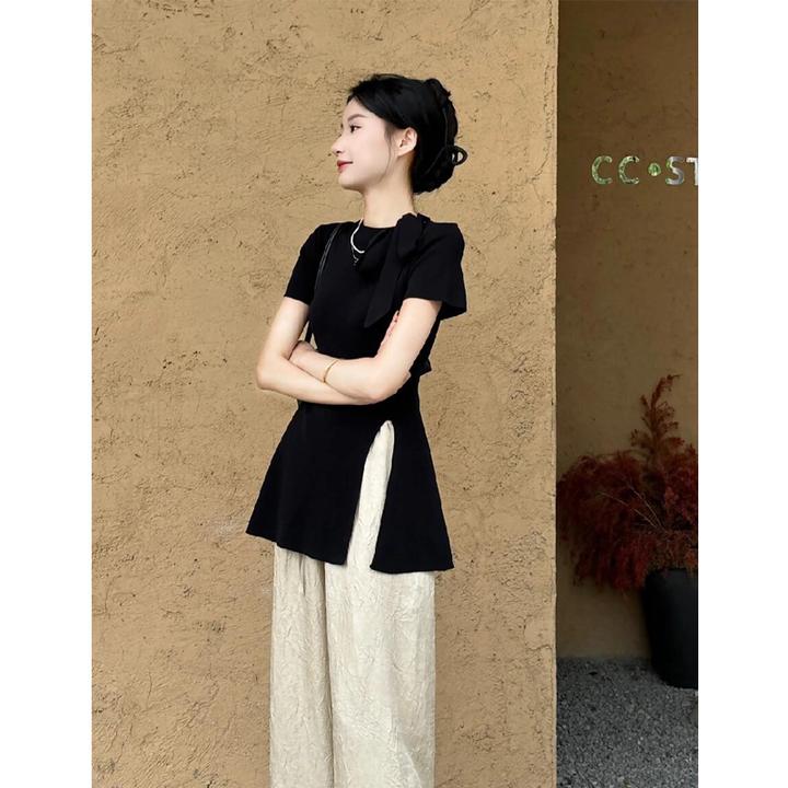 茶歇蝴蝶结绑带针织衫女夏荷叶边收腰开叉短袖t恤气质名媛风上衣