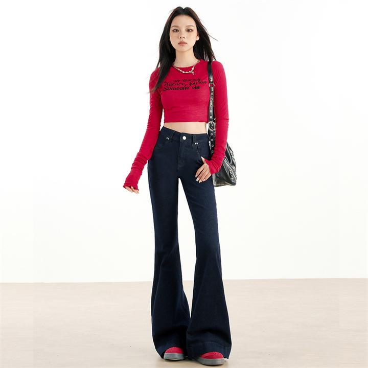 早秋新款深蓝防掉色显瘦弹力喇叭牛仔裤女年新款纯色基础百搭拖地