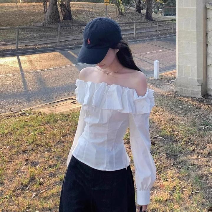 法式白色一字肩衬衫上衣女春夏季2025新款设计感独特气质露肩上衣