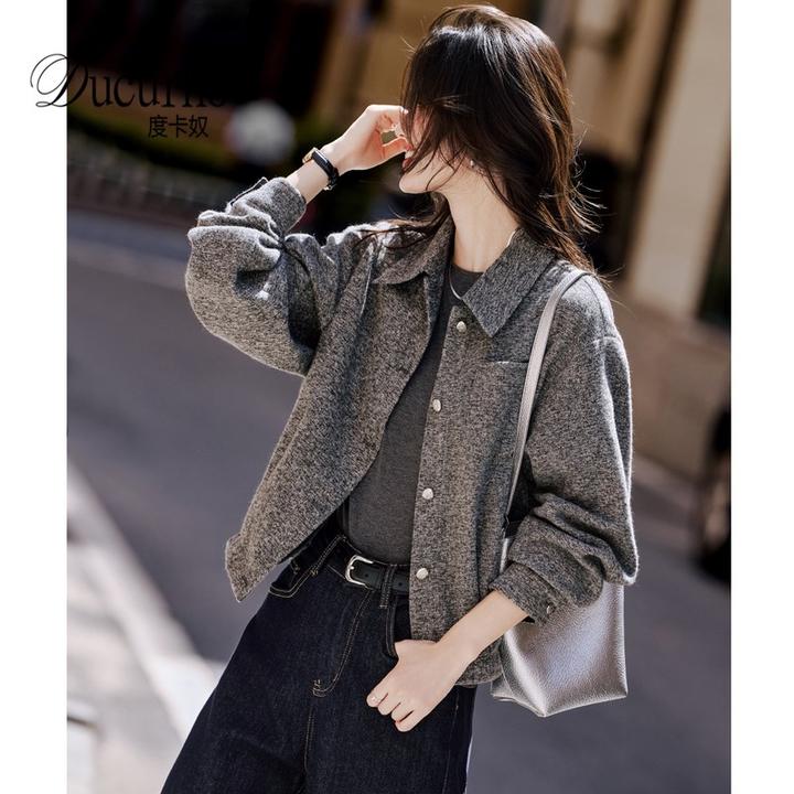 浅灰短款毛呢外套女装宽松休闲气质上衣秋季2025新款复古夹克大衣