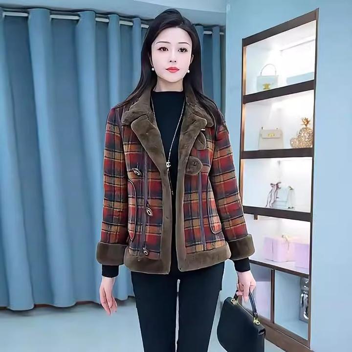 2024冬季新款加绒加厚格子外套女小个子短款显瘦保暖毛毛大衣潮