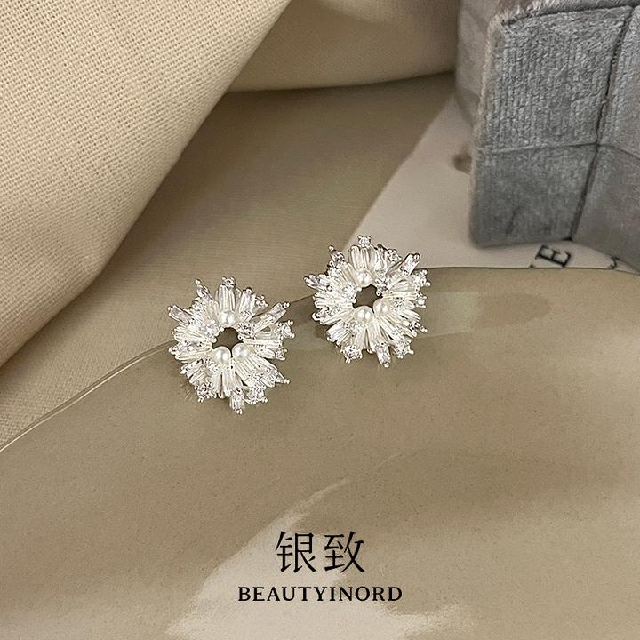 足银耳饰 999银太阳花耳钉女高级仿珍珠小众耳环2025新款爆款轻奢