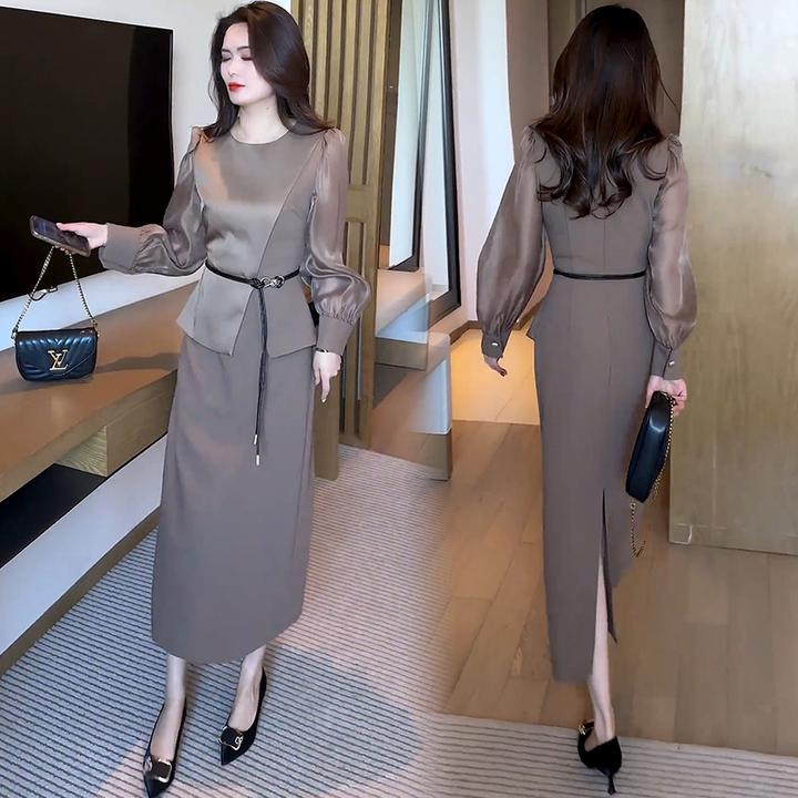 假两件连衣裙女2025春季新款洋气收腰显瘦中长款过膝时尚减龄裙子