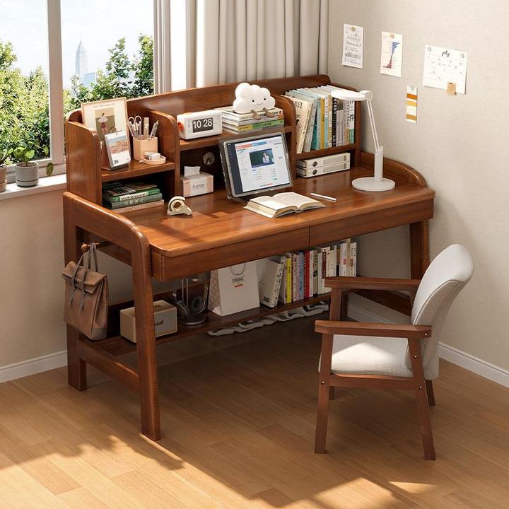 九牧王实木儿童学习桌中小学生家用书桌书架一体写字桌卧室可升降