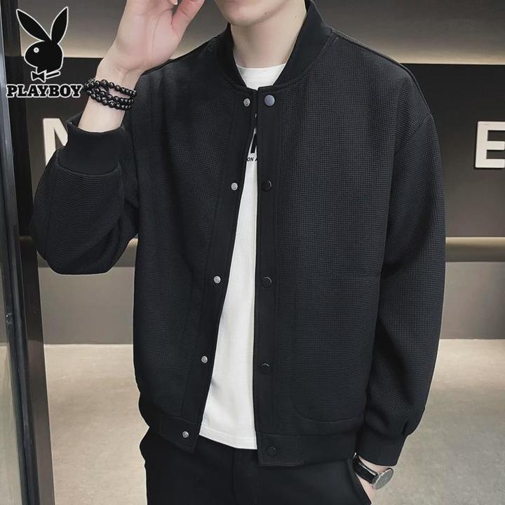 花花公子花花公子男士夹克秋季休闲棒球服新款潮牌宽松黑色立领上