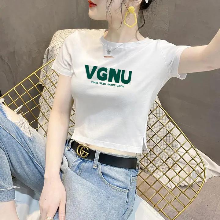 黑色镂空短袖T恤女字母春夏新款圆领打底衫高腰露脐紧身短款上衣