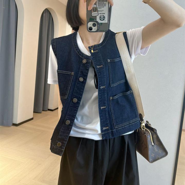 时髦率性复古深蓝圆领短款外搭牛仔马甲叠穿百搭无袖背心外套洋气